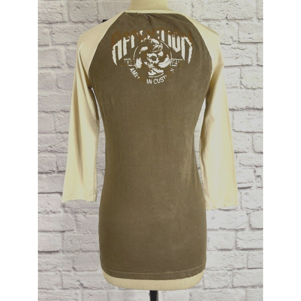 AFFLICTION Womens Shirt SMALL American Custom Bushmaster Long Sleeve Logo Raglan - Picture 7 of 14